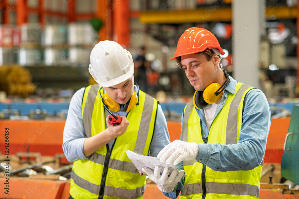 Engineer working team service and discussing plan of maintenance machine in heavy industrial factory