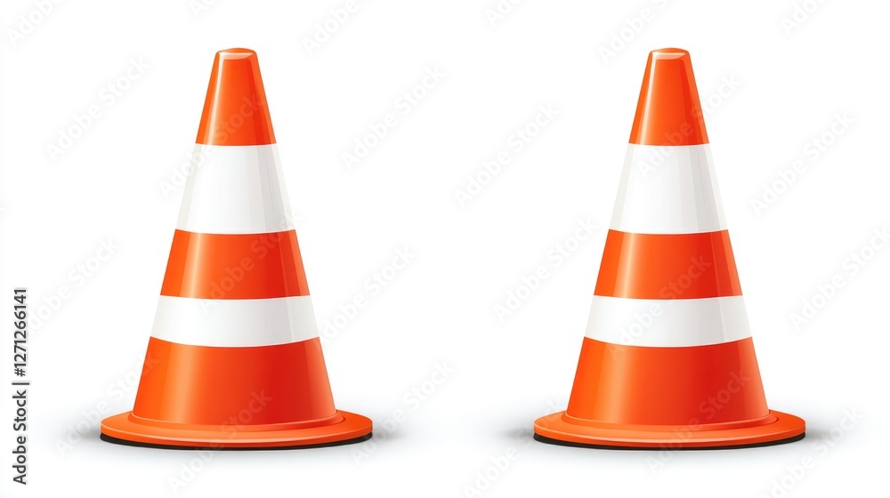 Two Orange Traffic Cones on White Background