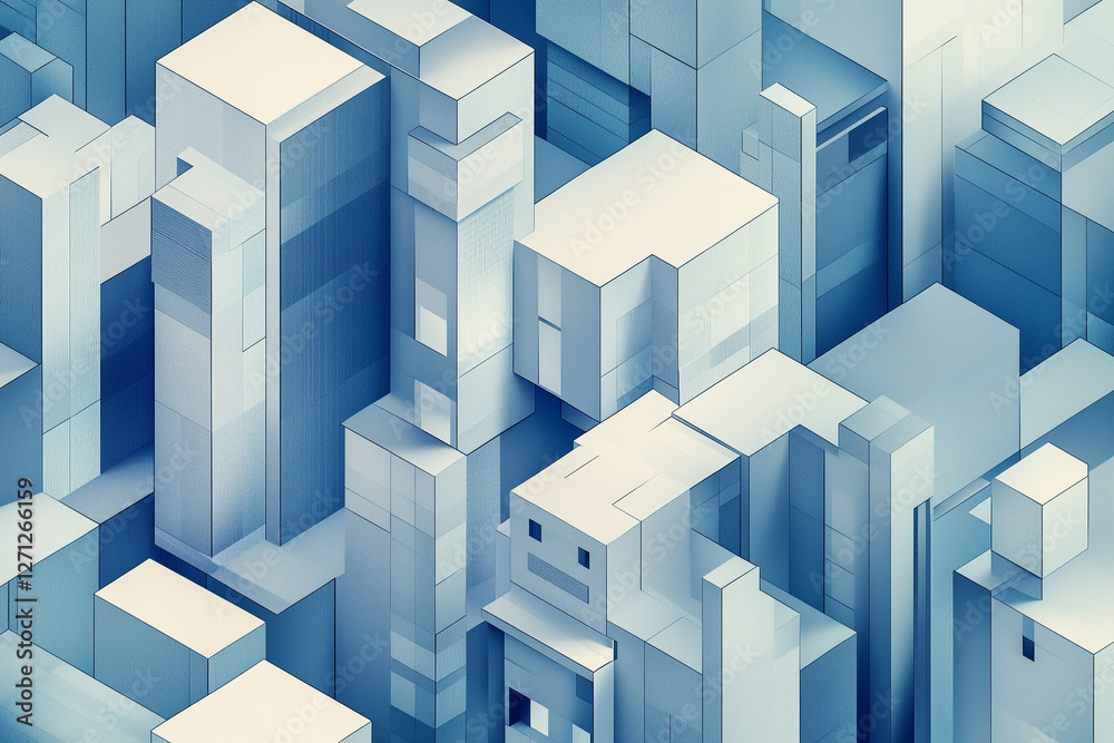 Fototapeta premium Geometric isometric shapes in neutral grays and blues with clean modern lines. Represents structure, professionalism, and design for property sales or architecture firms