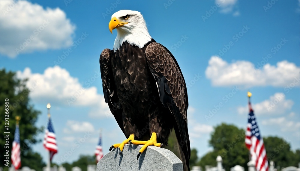 Naklejka premium A bald eagle perched atop a headstone in an American cemetery.
