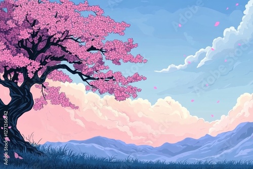 Beautiful Japanese Anime Landscape Background, Clear Sky and Sakura Tree.