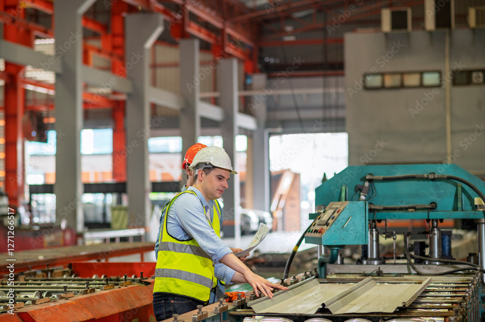 Engineer working team service and discussing plan of maintenance machine in heavy industrial factory