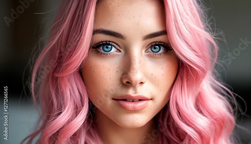 A close-up portrait of a young woman with striking blue eyes and pink hair.