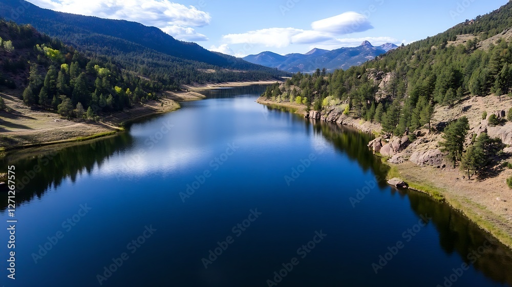 Stunning aerial view of a serene lake surrounded by mountains under clear blue sky : Generative AI
