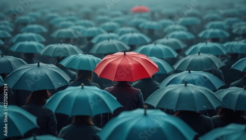Single red umbrella stands out in crowd of blue umbrellas. Vivid contrast of colors uniqueness, individuality, difference. Strong metaphor for leadership, unique, not like everyone else.