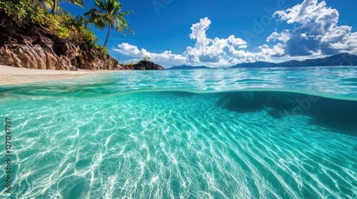 Turquoise waters gently lapping against a pristine white sand beach, fringed by swaying palm trees and vibrant coral reefs visible beneath the surface. photo