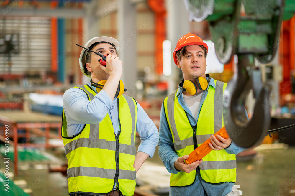 Engineer working team service and discussing plan of maintenance machine in heavy industrial factory