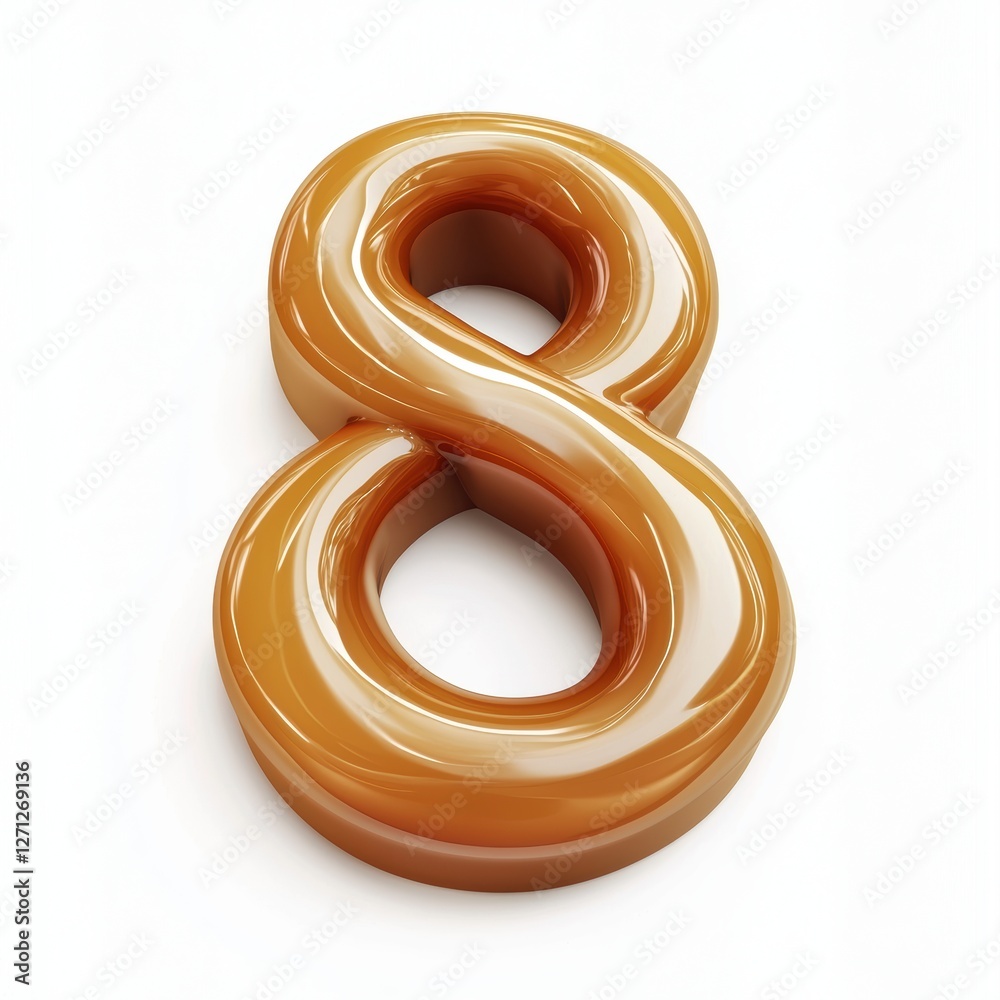 Number 8 sculpted from glossy caramel swirls, isolated on white Number 8 sculpted from glossy caramel swirls, isolated on white
