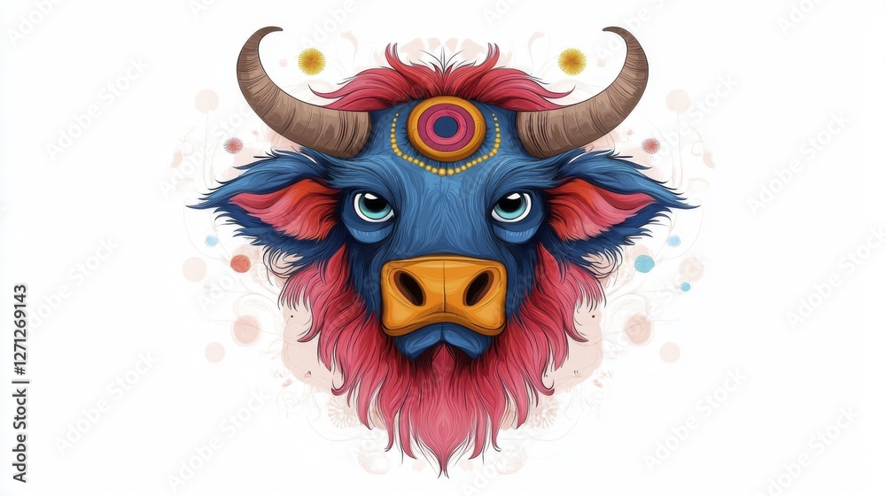 Stylized Blue Bull Pixel Art Portrait with Pink Mane and Ornate Headdress Stylized Blue Bull Pixel Art Portrait with Pink Mane and Ornate Headdress