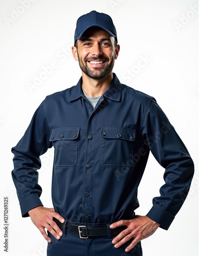Man with toothy smile in blue uniform, cap poses on white background. Technician, worker, engineer, mechanic, electrician, repairman. Confident service guy for company ads, industry. Hands on hips,
