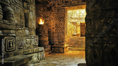 Explore ancient Mayan temple ruins in a mystical underground chamber filled with stone carvings and warm lighting