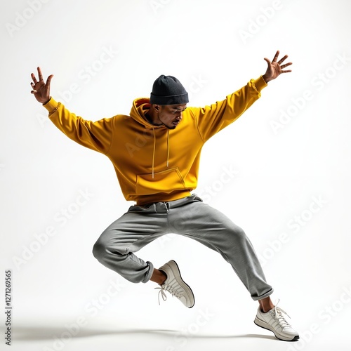 Male dancer wearing street clothes performing isolated on white background. Man in yellow hoodie and gray sport pants in dynamic jump pose. Urban hip hop breakdance style modern art.