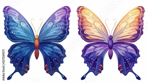 Wallpaper Mural Butterfly illustration set with blue, purple, and orange tones, detailed wings on a clean white background Torontodigital.ca