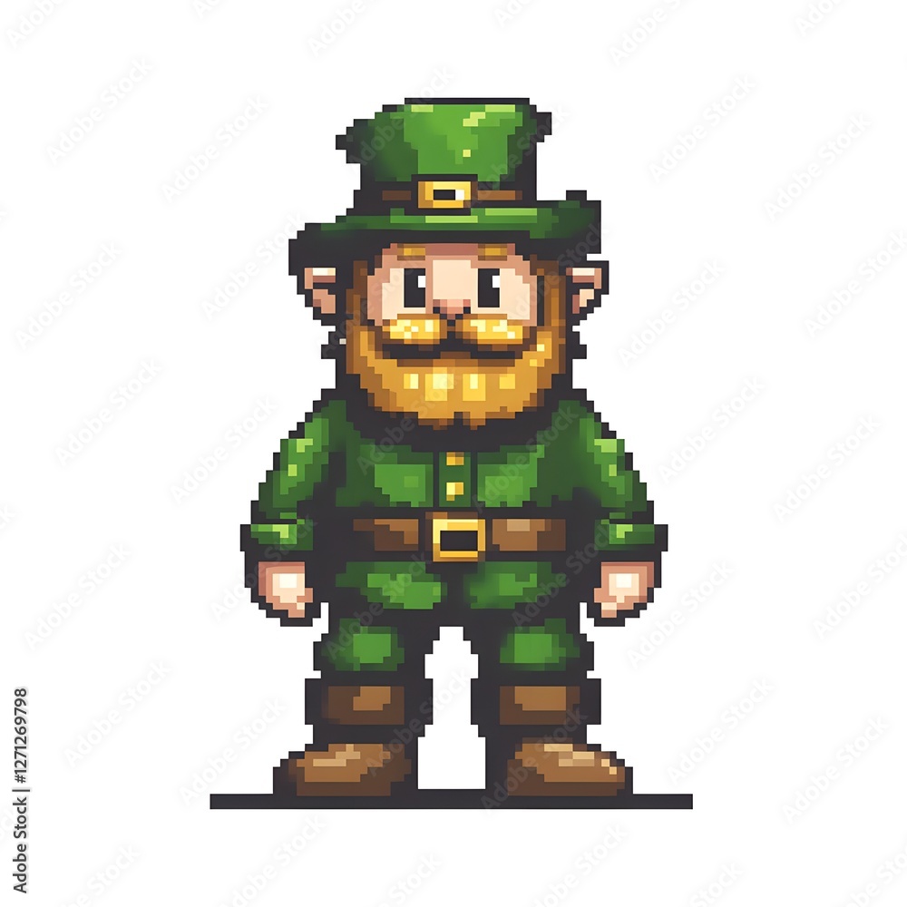 Fototapeta premium A leprechaun character in vibrant green clothes stands confidently. Its round face and distinct beard radiate joy, capturing a playful fantasy vibe in pixel art style.