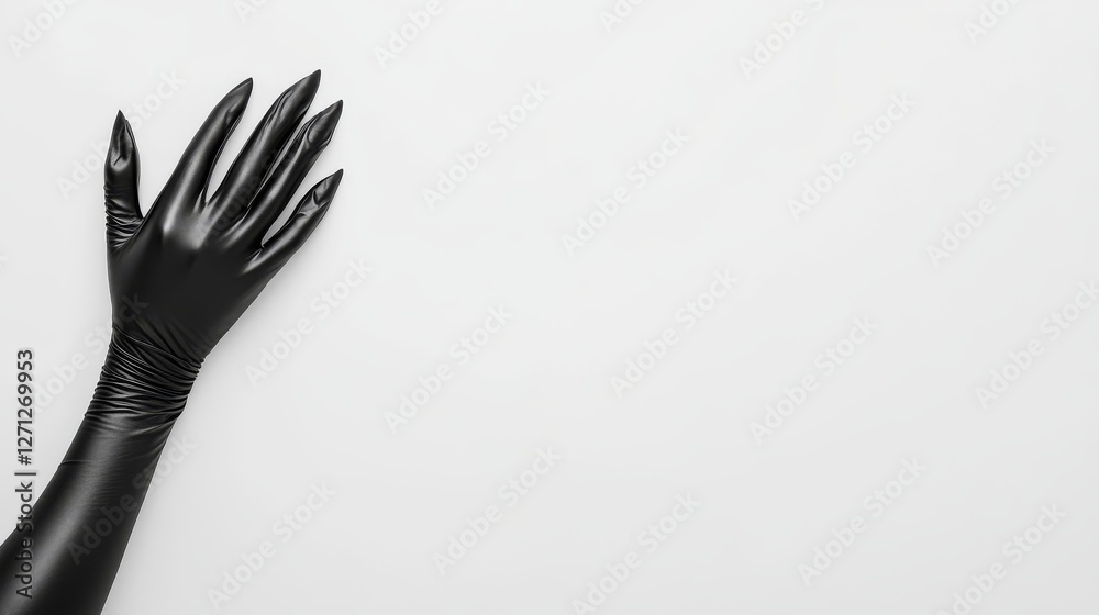 Obraz premium Black gloved hand against a plain white background