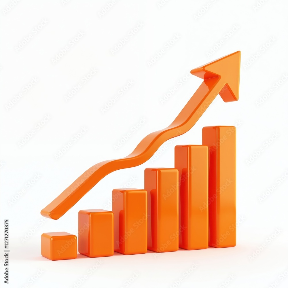 3D orange bar graph with upward arrow growth in business, finance. Success, progress, positive trend, revenue increase, forecast, metric, financial valuation, projection, report. Economic improvement 3D orange bar graph with upward arrow growth in business, finance. Success, progress, positive trend, revenue increase, forecast, metric, financial valuation, projection, report. Economic improvement
