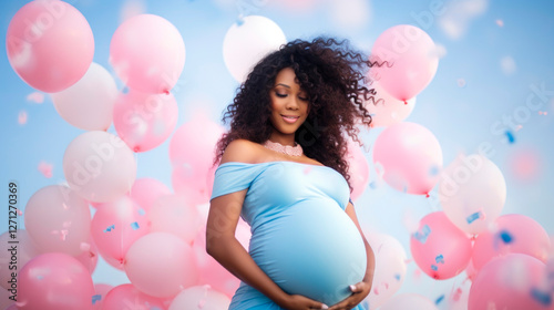Pregnant black woman hugging tummy portrait image. Happy african american lady expecting for baby girl picture photorealistic photography. Maternity concept photo realistic