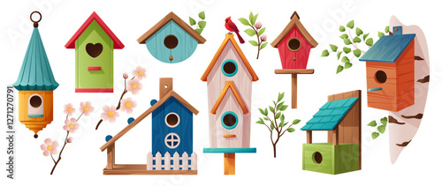 Bird houses set. Homemade nests, feeders, and homes, for spring and summer birds. Vector illustration collection of colorful wooden birdhouses with bird feeder on trees, and blooming branches.
