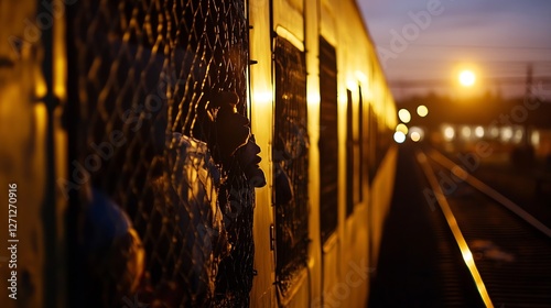 Dimly lit train window with passenger looking out at night during urban transit experience : Generative AI photo