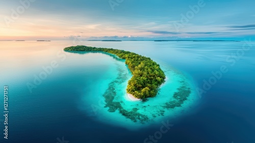 A chain of islands rising from the turquoise waters of the ocean, each with its own unique shape and character, surrounded by coral reefs teeming with life.