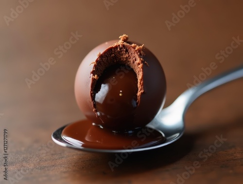 Broken chocolate praline revealing a creamy ganache filling resting on a spoon