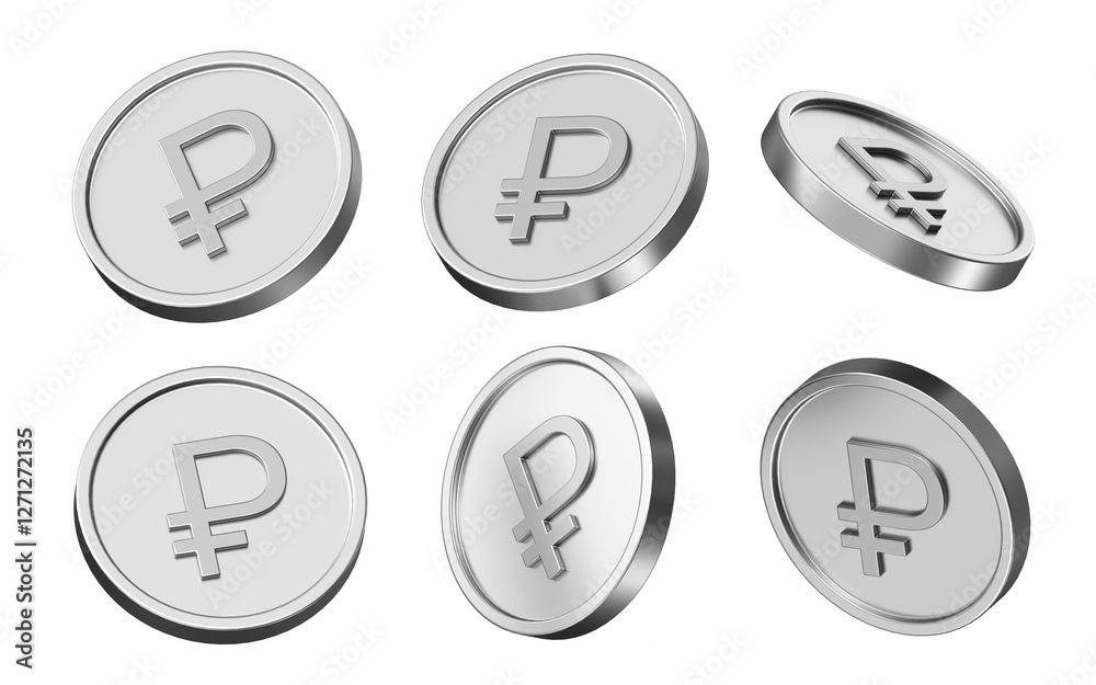 ruble currency 3d illustration. set of coins in different view. 3d rendering of metallic coins for business and finance ruble currency 3d illustration. set of coins in different view. 3d rendering of metallic coins for business and finance