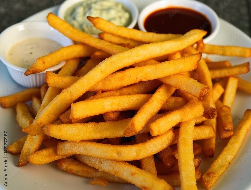 Crispy golden french fries served with dipping sauces on white plate Crispy golden french fries served with dipping sauces on white plate
