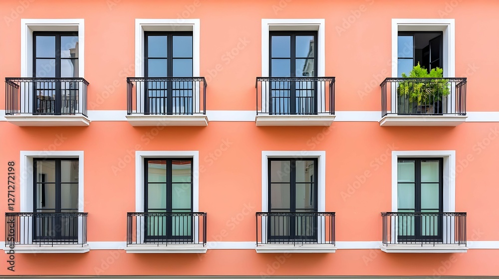 Coral Building Facade With Symmetrical Windows and Balconies Coral Building Facade With Symmetrical Windows and Balconies