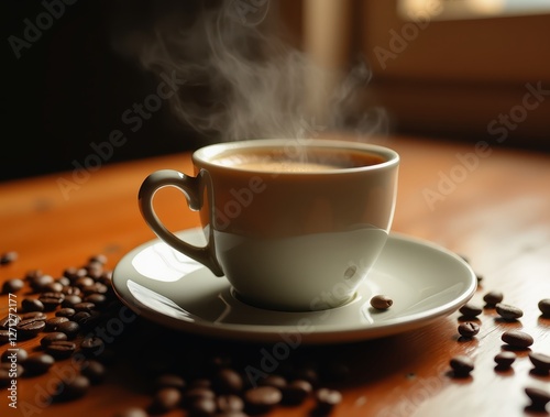 Steaming cup of coffee surrounded by coffee beans on wooden table
