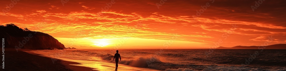 Stunning Sunset Beach Scene with Surfer Silhouette at Dusk - Golden Hour Ocean Waves and Sky - Relaxing Coastal Landscape Photography for Travel Inspiration Stunning Sunset Beach Scene with Surfer Silhouette at Dusk - Golden Hour Ocean Waves and Sky - Relaxing Coastal Landscape Photography for Travel Inspiration