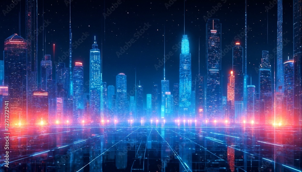 A futuristic cityscape with towering skyscrapers and neon lights, set against a starry night sky. A futuristic cityscape with towering skyscrapers and neon lights, set against a starry night sky.