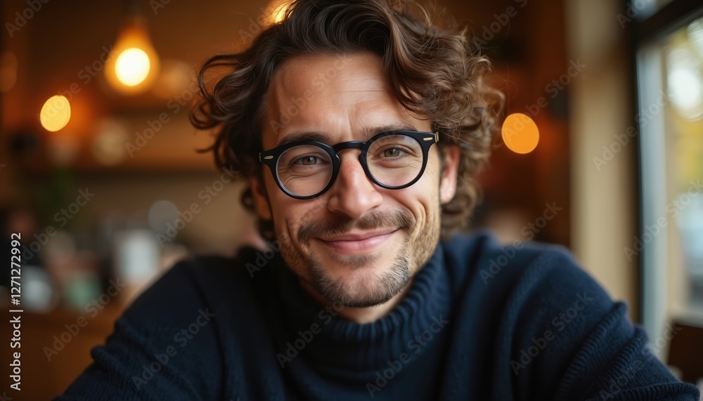 Close-up portrait of man in glasses smiles in cafe. Curly hair, stubble beard. Trendy dark sweater, cozy autumn atmosphere, urban style, charisma, allure, sophistication, depth, indoor shot. Close-up portrait of man in glasses smiles in cafe. Curly hair, stubble beard. Trendy dark sweater, cozy autumn atmosphere, urban style, charisma, allure, sophistication, depth, indoor shot.