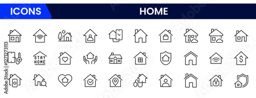 House or Real estate icon set. It contains the house, key, buy, sell, loan, smart home, building, mortgage, address, renovation, land, kitchen, bedroom, living room, and bathroom. vector collection