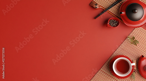 Traditional Chinese New Year decoration featuring a red table with a tea set and chopsticks on the right, leaving space for festive text, captured from above in a detailed 3D render.