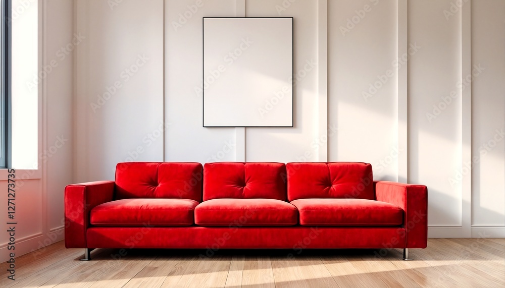 A red velvet couch sits on a wooden floor in front of a white wall with vertical paneling. A red velvet couch sits on a wooden floor in front of a white wall with vertical paneling.
