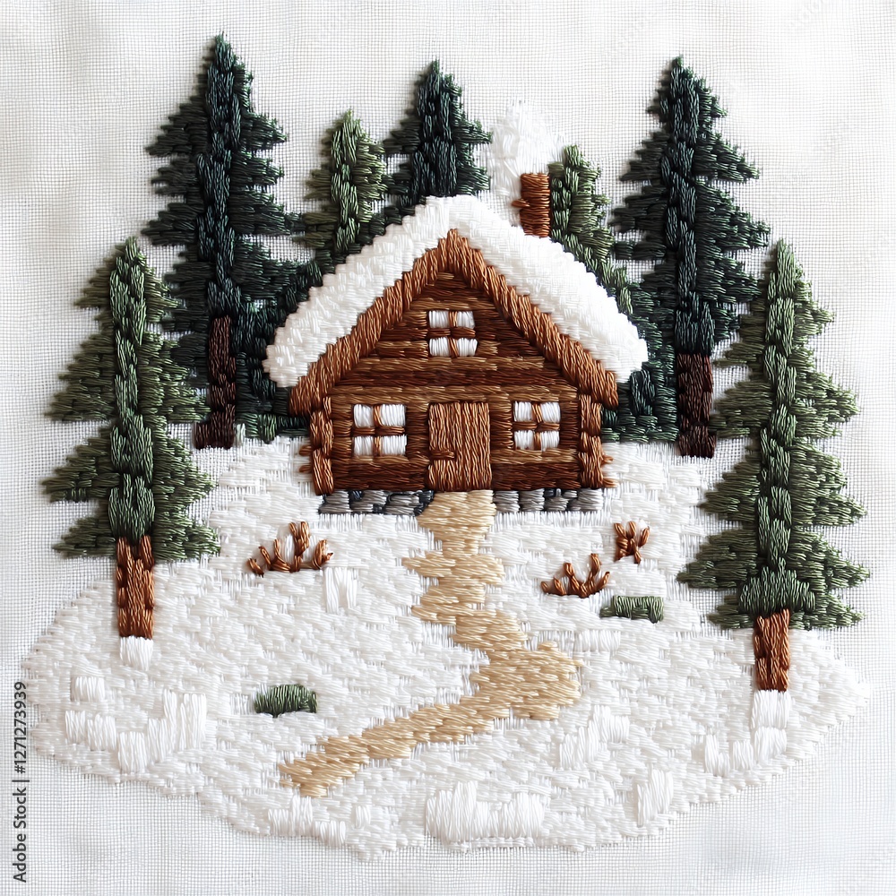 Charming Winter Cabin Surrounded by Pine Trees with Snow-Covered Pathway in Tranquil Forest Charming Winter Cabin Surrounded by Pine Trees with Snow-Covered Pathway in Tranquil Forest