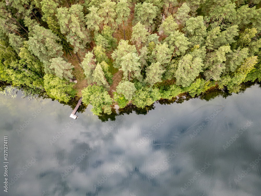 Drone view of Lake Aviris in Druskininkai Municipality, Alytus County of Lithuania