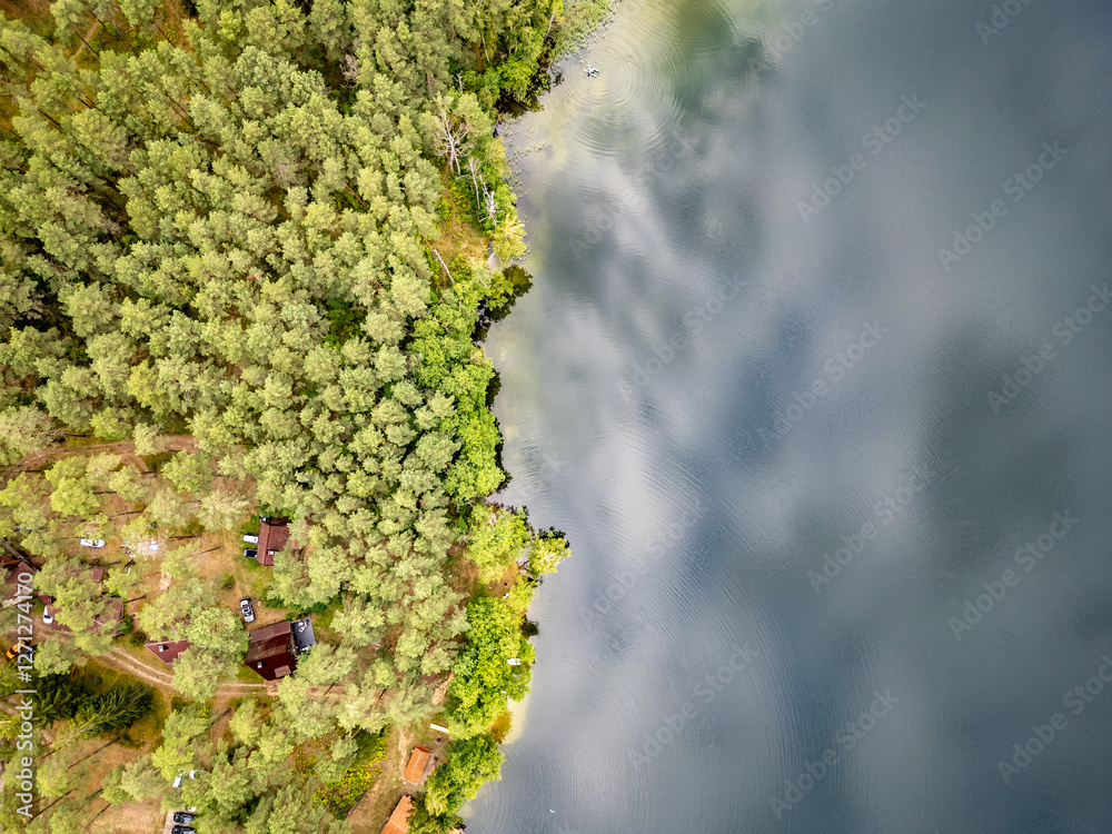 Drone view of Lake Aviris in Druskininkai Municipality, Alytus County of Lithuania