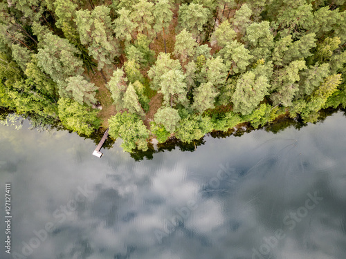 Obraz na płótnie Drone view of Lake Aviris in Druskininkai Municipality, Alytus County of Lithuania w salonie