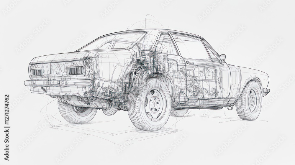 Fototapeta premium Classic Car Sketch in Black and White Dots on White Background