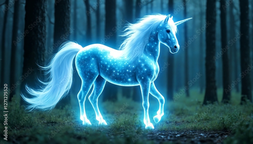 Naklejka premium A unicorn with glowing blue fur and a long white tail prances through a forest.