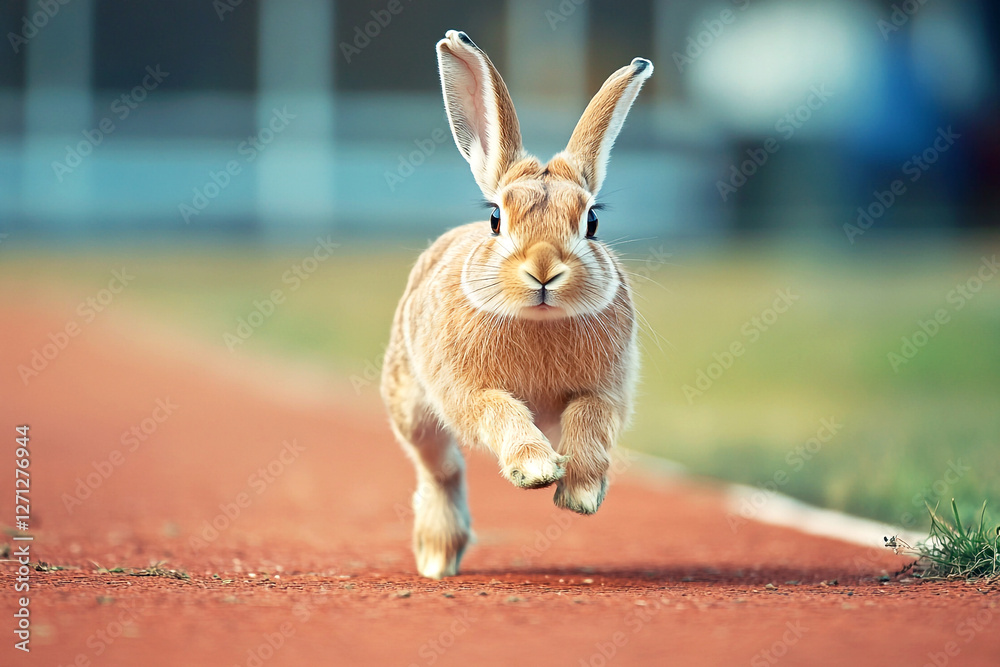A funny Easter bunny sprinting across a stadium track, resembling a professional athlete in a race. The energetic hare captures the spirit of speed, competition, and sport, blending holiday charm