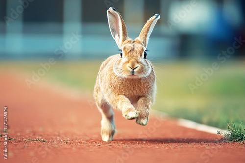 Obraz na płótnie A funny Easter bunny sprinting across a stadium track, resembling a professional athlete in a race. The energetic hare captures the spirit of speed, competition, and sport, blending holiday charm w salonie