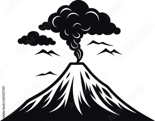 Minimalistic Black Silhouette Vector Illustration of an Erupting Volcano with Smoke Lava, Explosive Natural Disaster, Fiery Mountain, Geothermal Energy, Dramatic Landscape,Powerful Nature Aesethetic