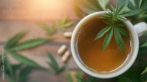Freshly brewed herbal tea in a cup surrounded by cannabis leaves and natural elements : Generative AI