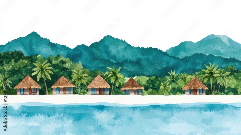 Obraz premium A serene beach scene featuring tropical huts surrounded by palm trees and mountains, all depicted in a vibrant watercolor style.