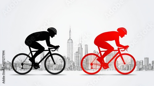 Two Cyclists Racing Silhouette Against City Skyline