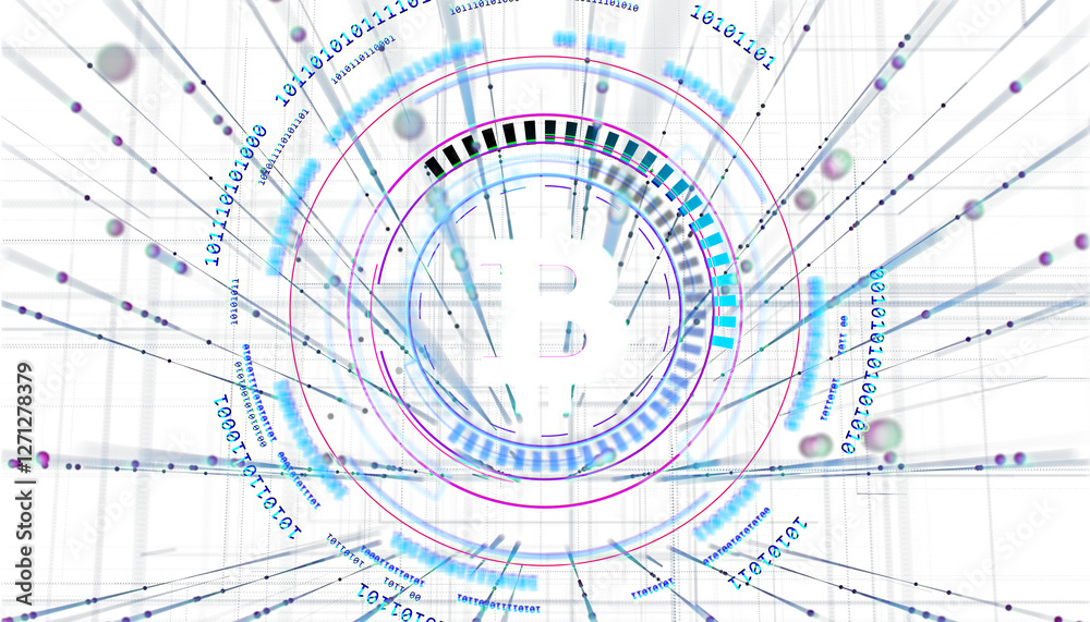 Abstract digital Bitcoin symbol with futuristic binary data, glowing lines, and circular tech elements on a light background, concept of cryptocurrency. 3D Rendering. Abstract digital Bitcoin symbol with futuristic binary data, glowing lines, and circular tech elements on a light background, concept of cryptocurrency. 3D Rendering.