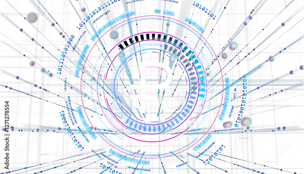 Abstract Bitcoin symbol with futuristic digital elements, binary code, and data streams on a white background. Concept of blockchain technology. 3D Rendering. Abstract Bitcoin symbol with futuristic digital elements, binary code, and data streams on a white background. Concept of blockchain technology. 3D Rendering.