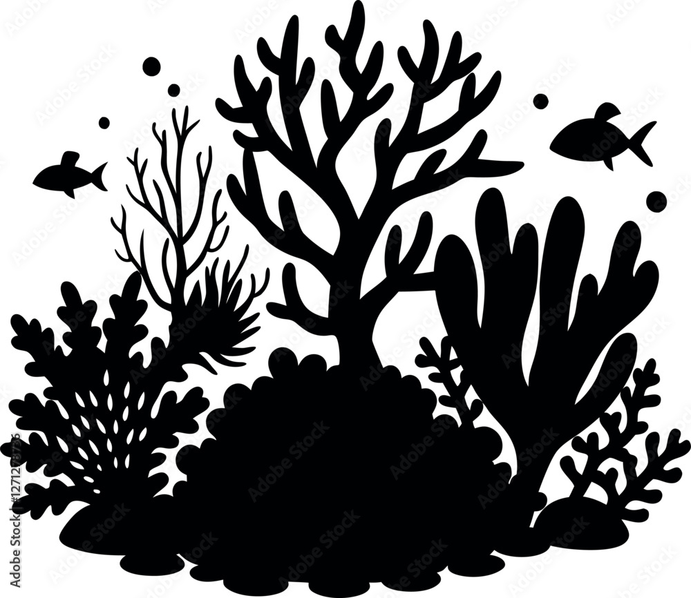 Fototapeta premium Minimalistic Black Silhouette Vector Illustration of an Underwater Coral Reef, Marine Ecosystem, Ocean Wildlife, Tropical Sea Life, and Aquatic Nature Art